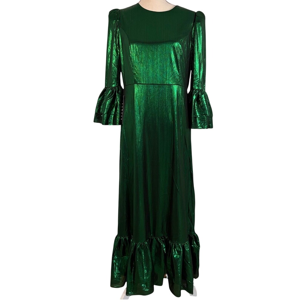 Tuckernuck Pomander Place Lillith  Emerald Green Metallic Ruffle Maxi Dress L